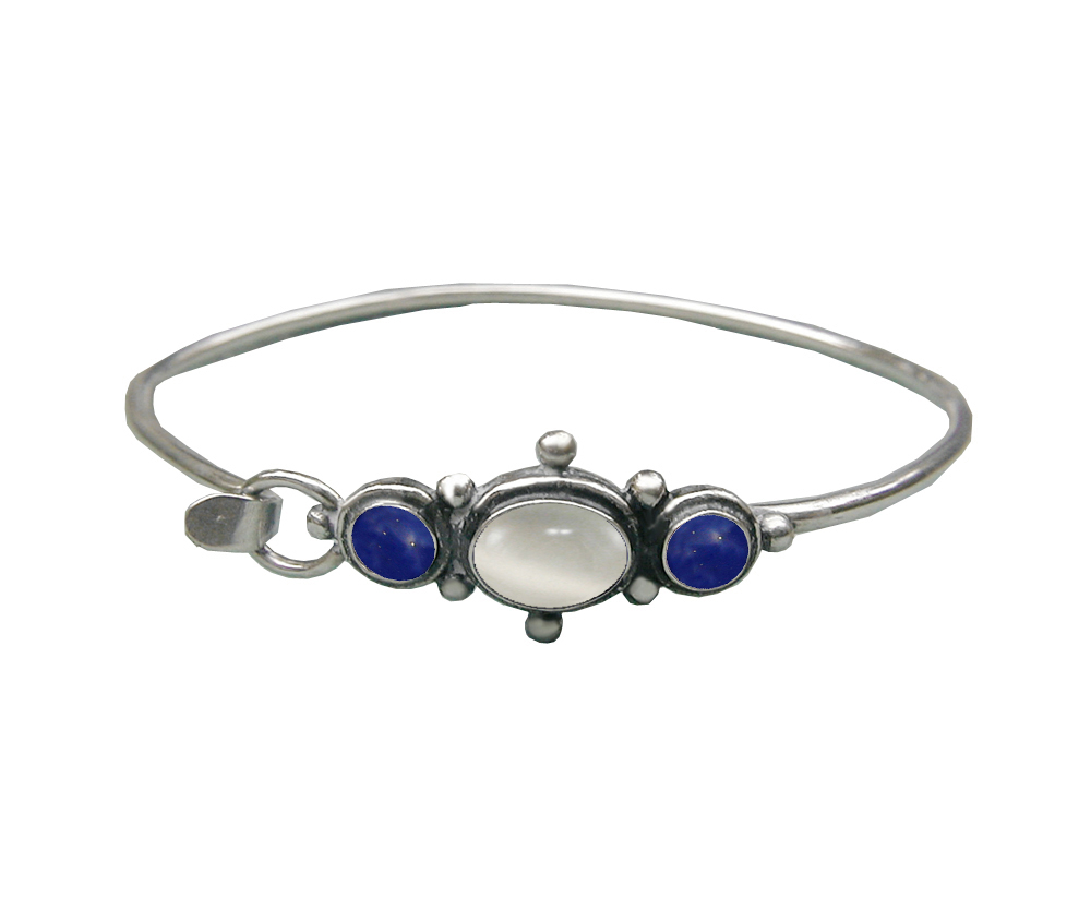 Sterling Silver Strap Latch Spring Hook Bangle Bracelet White Moonstone And Lapis Lazuli